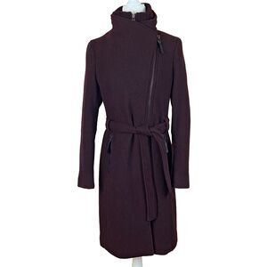 Calvin Klein Wool Blend Belted Wrap Coat Size S Chianti Zip Front & Pockets